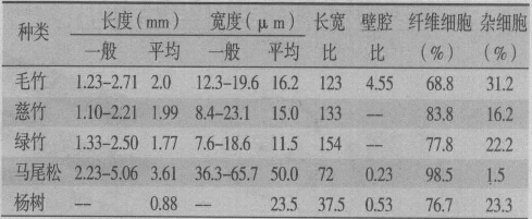 表1  幾種竹材與常用木材纖維形態(tài)對比